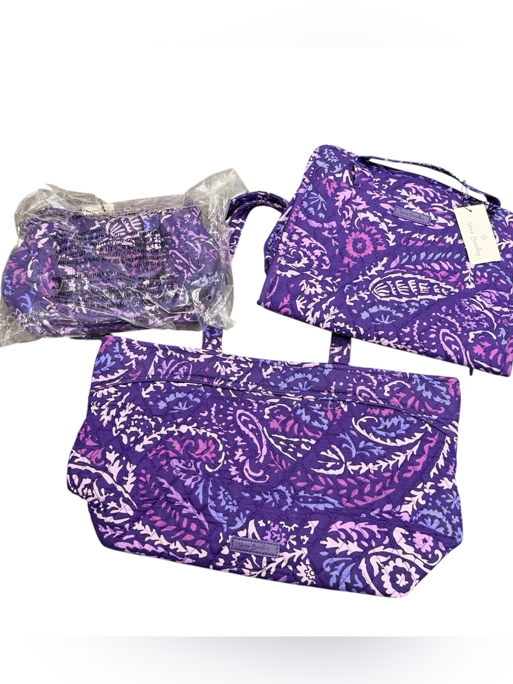 Vera Bradley NWT Paisley Amethyst purple set of 3 Satchel purse organizer